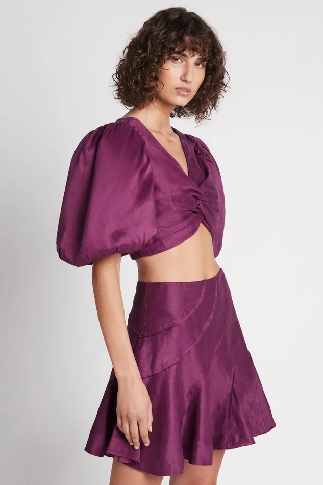 Women Reverb Puff Sleeve Cropped Top Violet Aje Tops