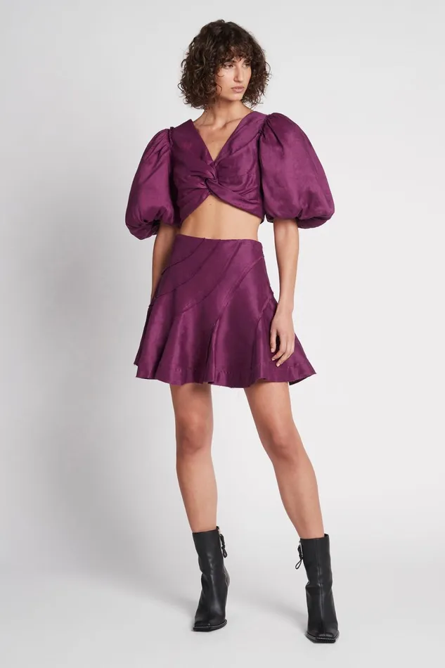 Women Reverb Puff Sleeve Cropped Top Violet Aje Tops