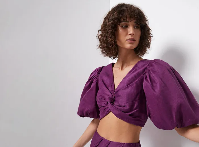 Women Reverb Puff Sleeve Cropped Top Violet Aje Tops