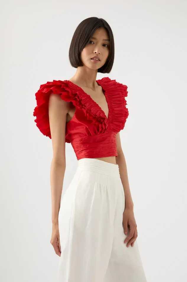 Women Rhythmic Frill Bodice Scarlet Red Aje Tops