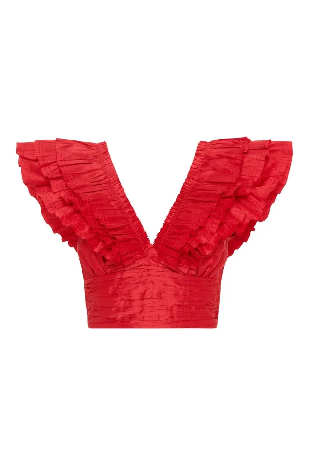Women Rhythmic Frill Bodice Scarlet Red Aje Tops