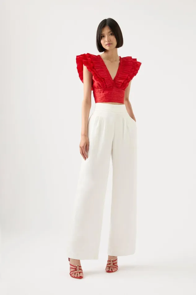 Women Rhythmic Frill Bodice Scarlet Red Aje Tops