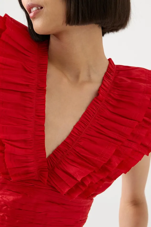 Women Rhythmic Frill Bodice Scarlet Red Aje Tops
