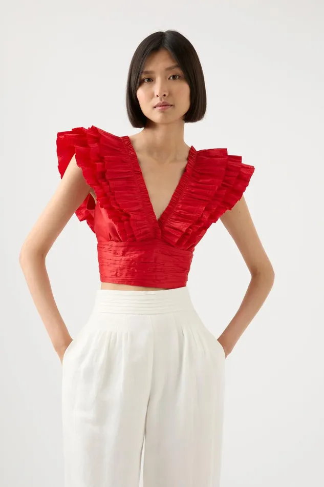 Women Rhythmic Frill Bodice Scarlet Red Aje Tops