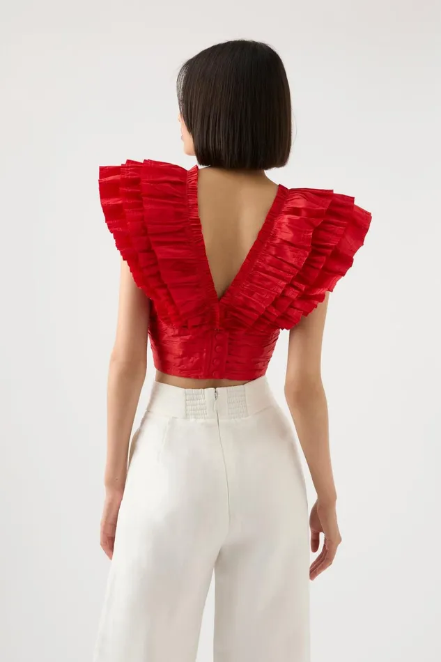Women Rhythmic Frill Bodice Scarlet Red Aje Tops