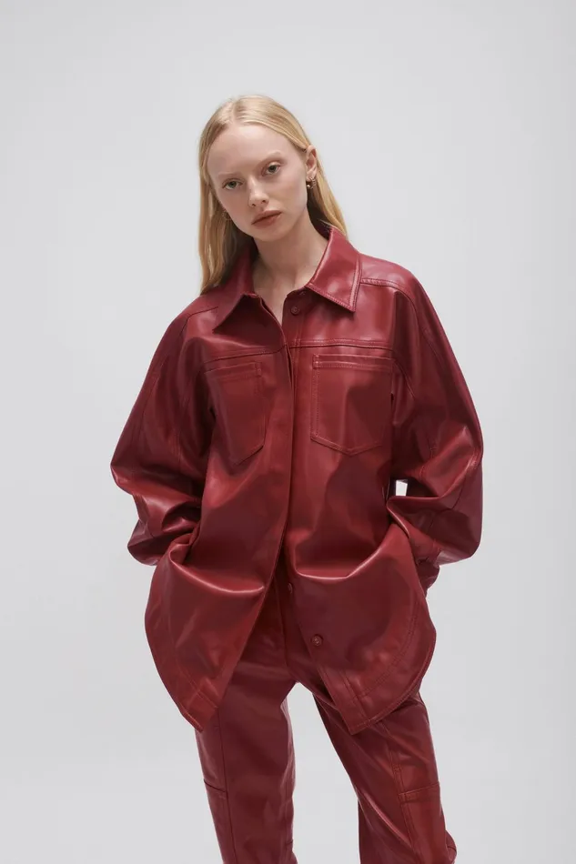 Women River Vegan Leather Shirt Mahogany Red Aje Leather