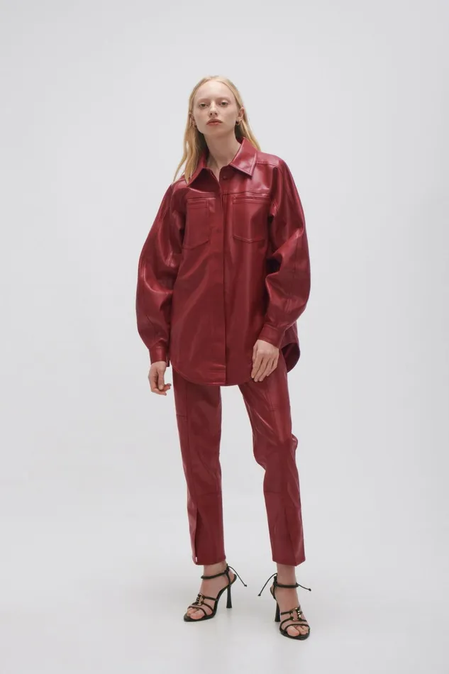 Women River Vegan Leather Shirt Mahogany Red Aje Leather