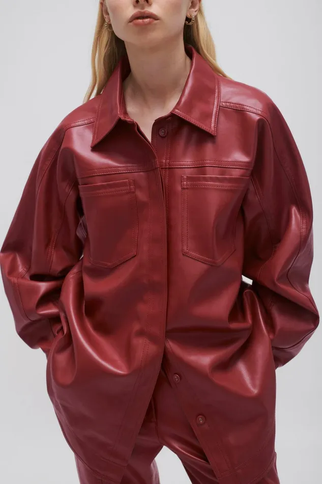 Women River Vegan Leather Shirt Mahogany Red Aje Leather