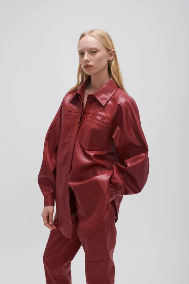 Women River Vegan Leather Shirt Mahogany Red Aje Leather