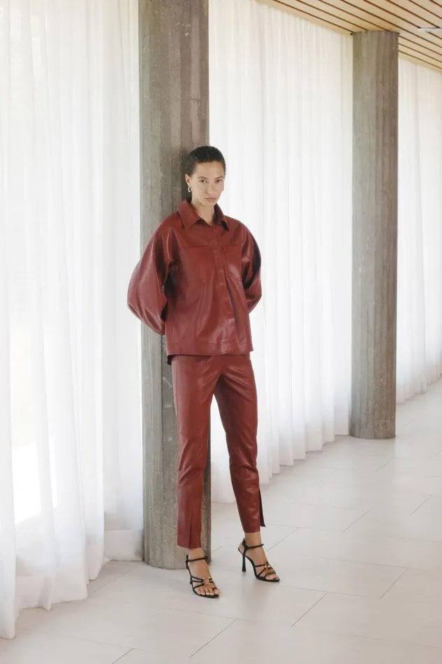 Women River Vegan Leather Shirt Mahogany Red Aje Leather