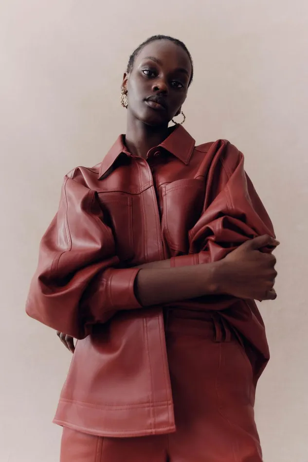 Women River Vegan Leather Shirt Mahogany Red Aje Leather