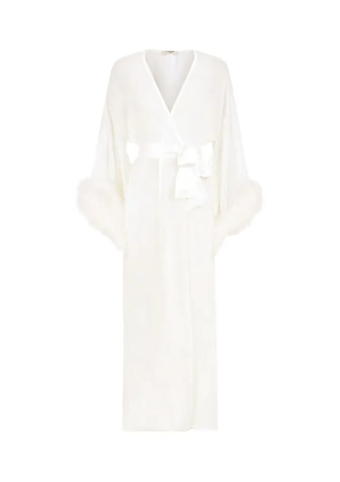 Women Robes Gilda and Pearl Diana Silk And Marabou Feather Long Robe Ivory