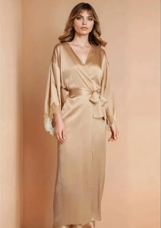 Women Robes Gilda and Pearl Long Robe Gold Almond Gold Almond Women Robes Gilda and Pearl Long Robe Gold Almond Gold Almond