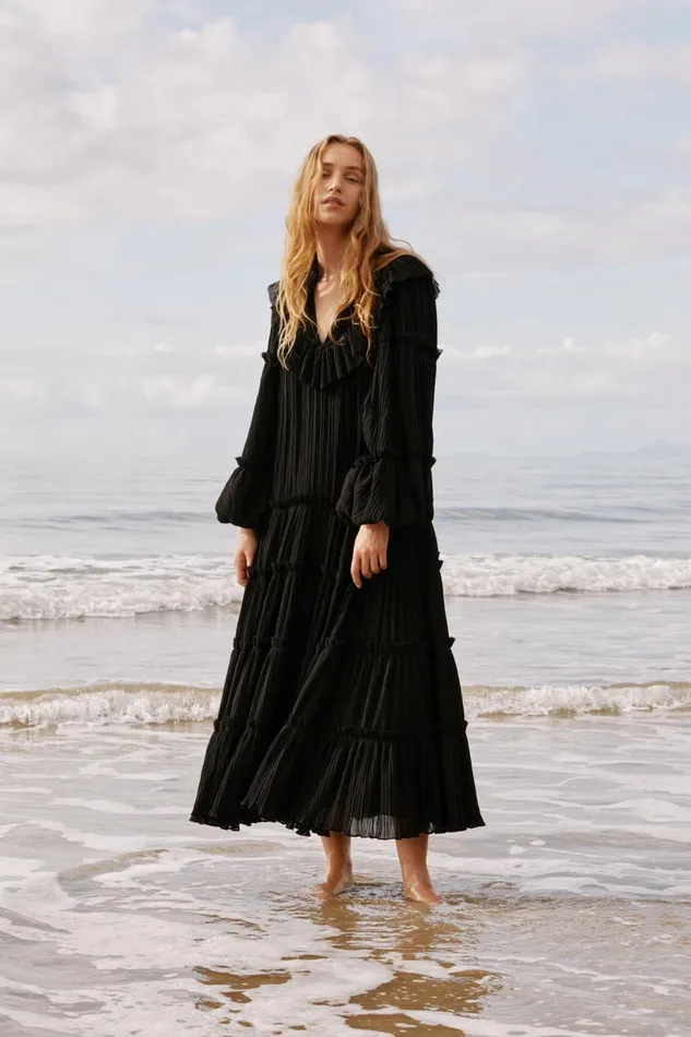 Women Robyn Tiered Midi Dress Black Aje Dresses