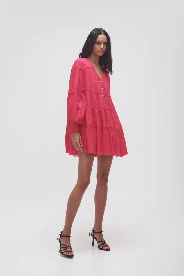 Women Sally Tiered Plunge Mini Dress Hot Pink Aje Dresses
