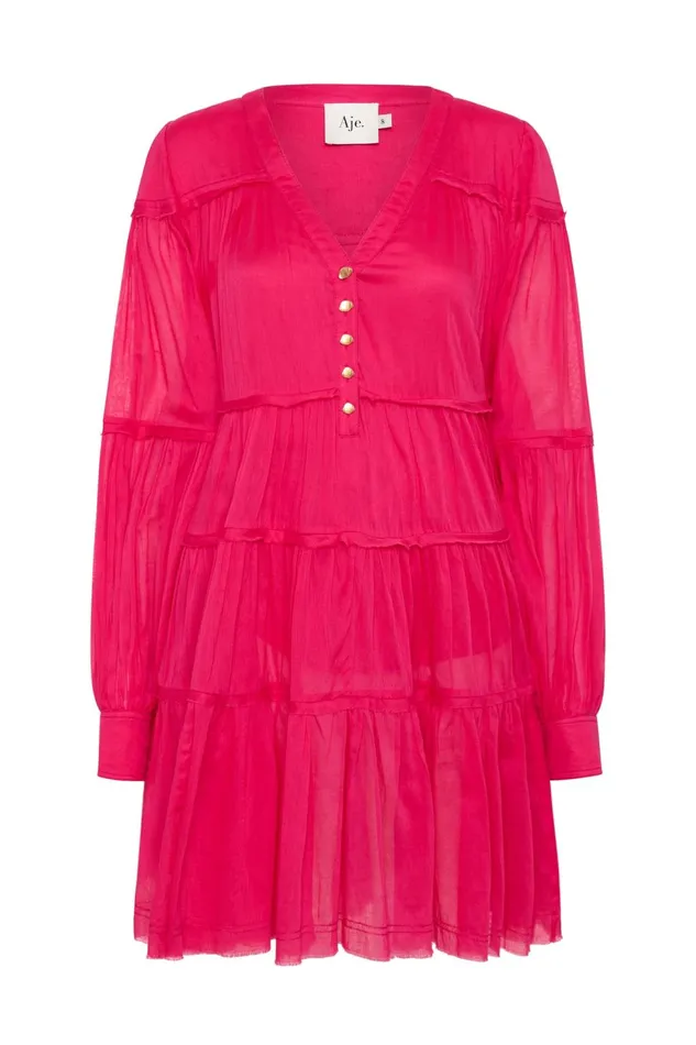 Women Sally Tiered Plunge Mini Dress Hot Pink Aje Dresses