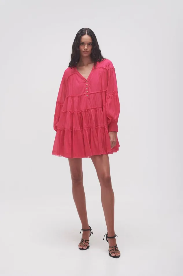 Women Sally Tiered Plunge Mini Dress Hot Pink Aje Dresses