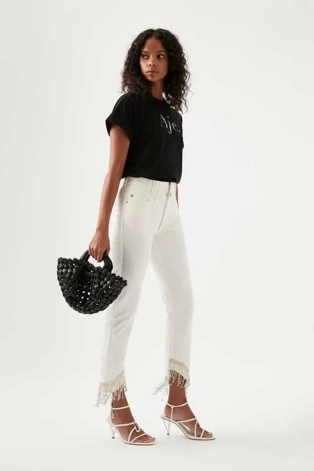 Women Sheen Fringe Denim Jeans White Aje Pants