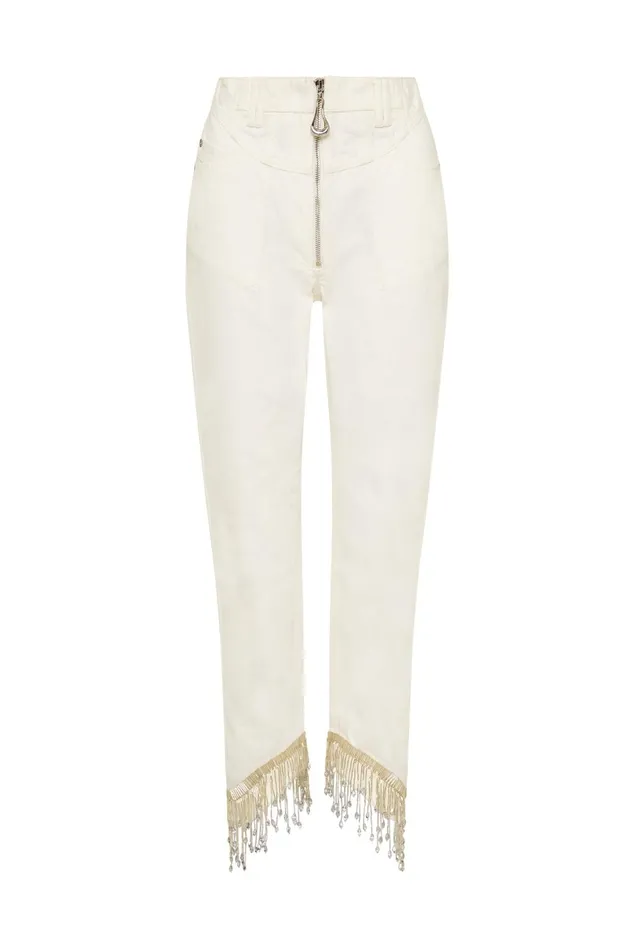 Women Sheen Fringe Denim Jeans White Aje Pants