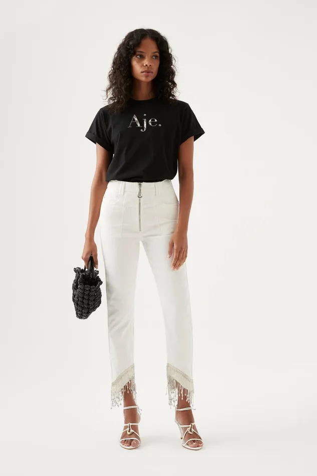 Women Sheen Fringe Denim Jeans White Aje Pants