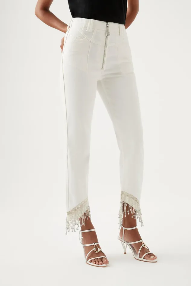 Women Sheen Fringe Denim Jeans White Aje Pants