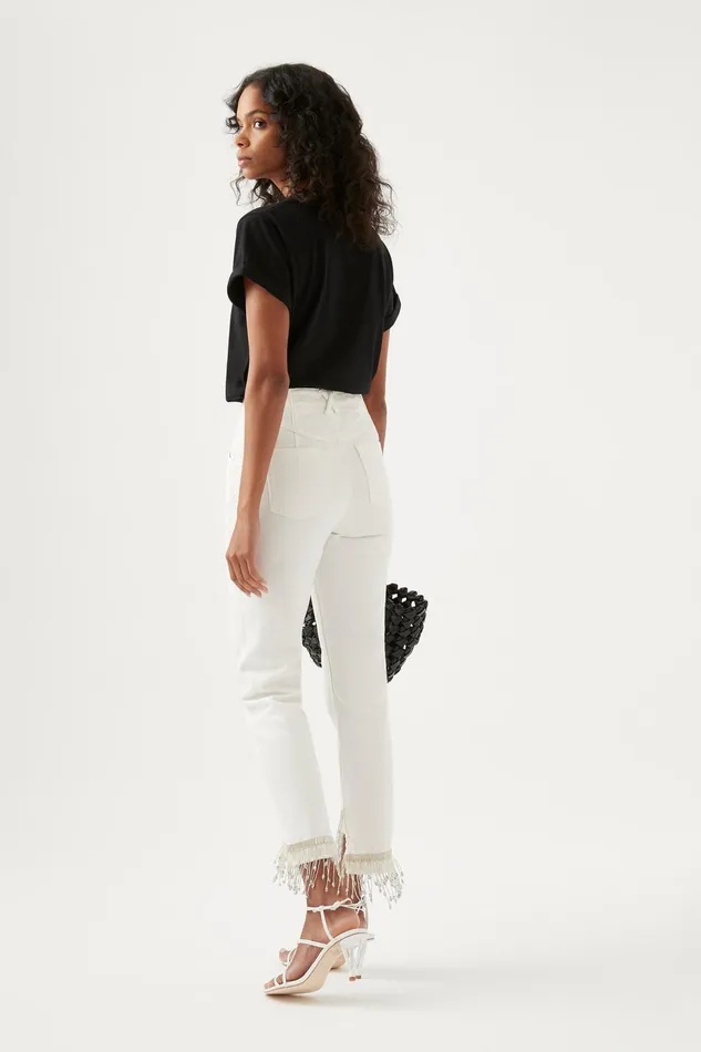 Women Sheen Fringe Denim Jeans White Aje Pants