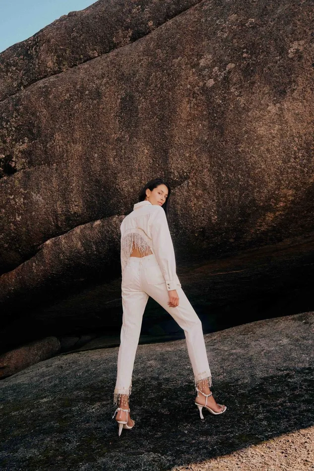 Women Sheen Fringe Denim Shirt White Aje Denim