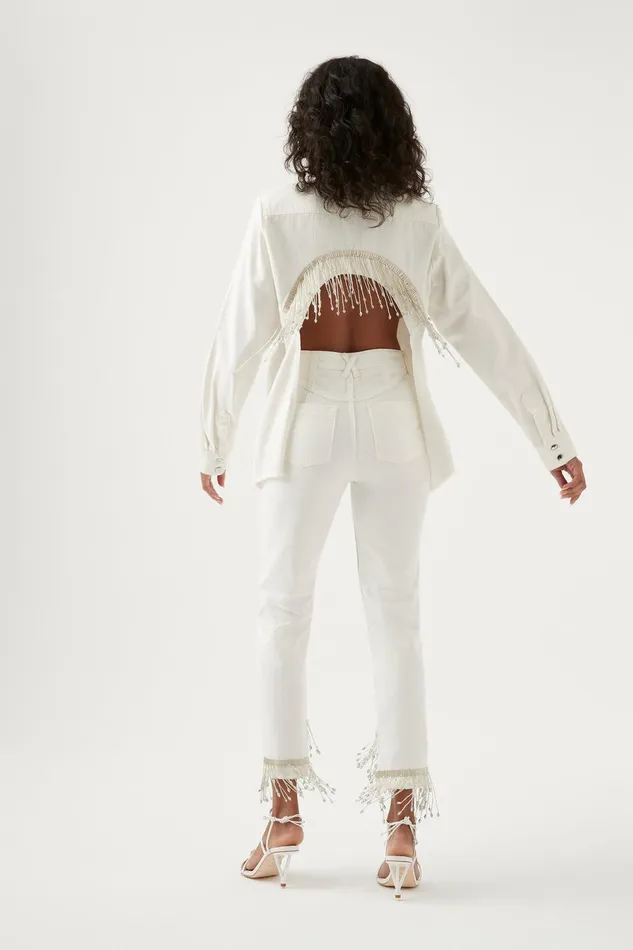 Women Sheen Fringe Denim Shirt White Aje Denim