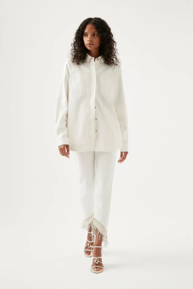 Women Sheen Fringe Denim Shirt White Aje Denim