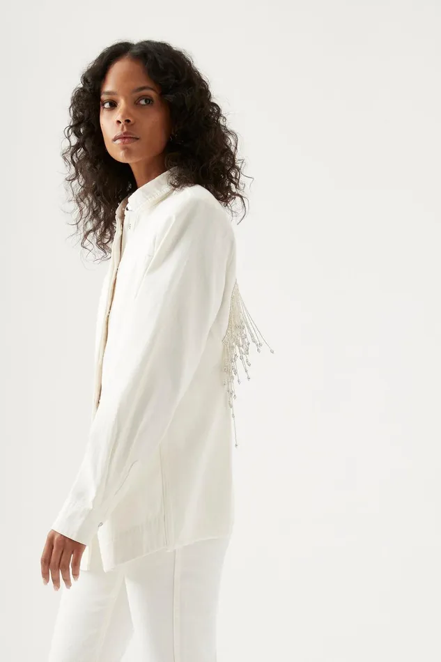 Women Sheen Fringe Denim Shirt White Aje Denim
