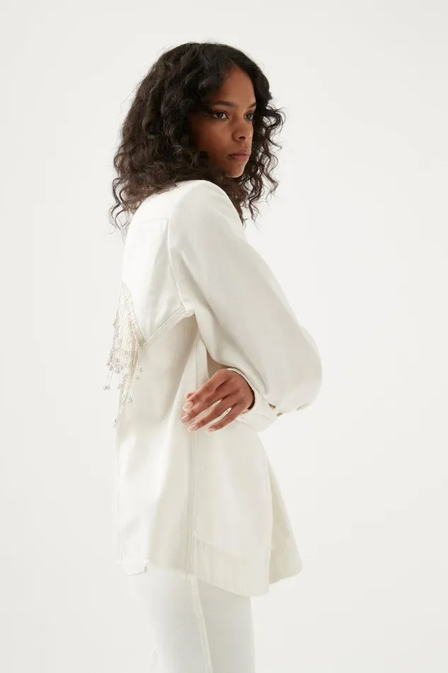 Women Sheen Fringe Denim Shirt White Aje Denim