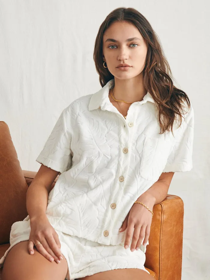 Women Shirts and Tops Faherty Cabana Towel Terry Short Sleeve Button Up Tropic Fern Vintage White