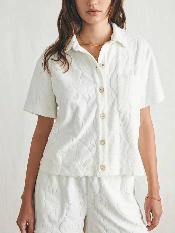 Women Shirts and Tops Faherty Cabana Towel Terry Short Sleeve Button Up Tropic Fern Vintage White
