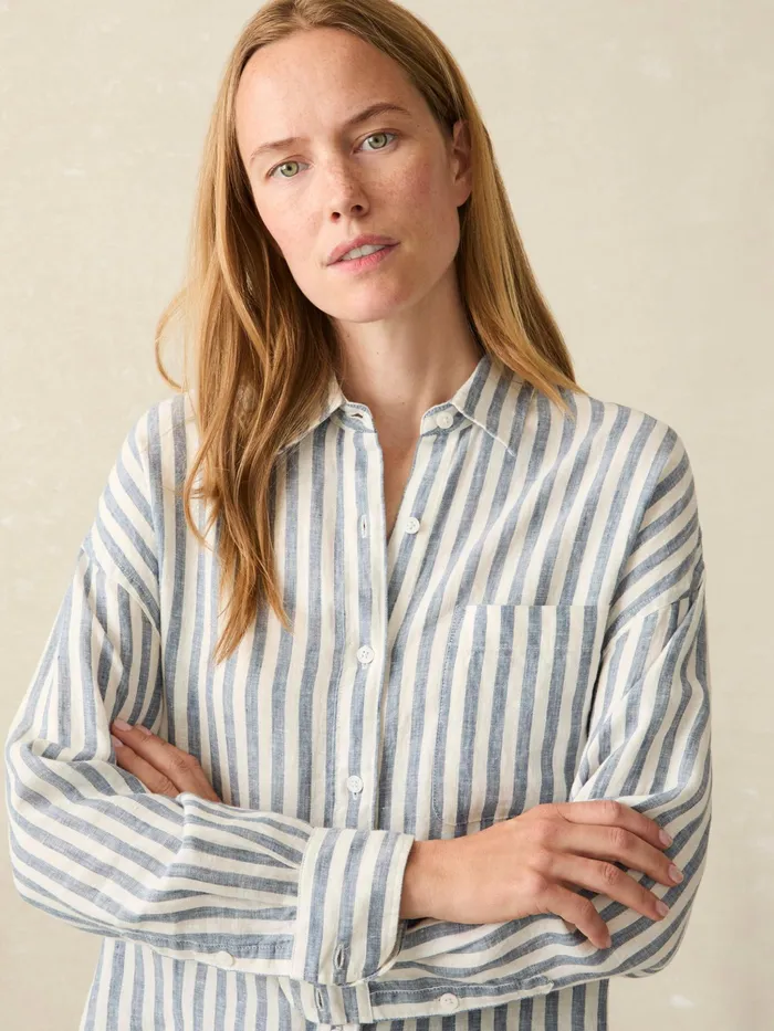 Women Shirts and Tops Faherty Laguna Linen Relaxed Shirt Blue Lucy Stripe