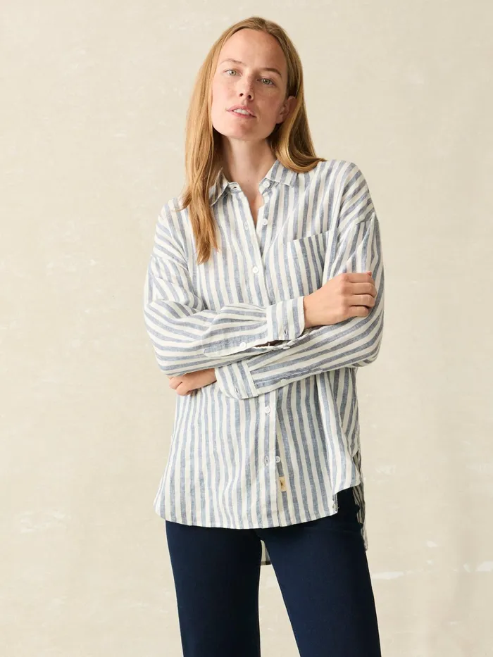 Women Shirts and Tops Faherty Laguna Linen Relaxed Shirt Blue Lucy Stripe