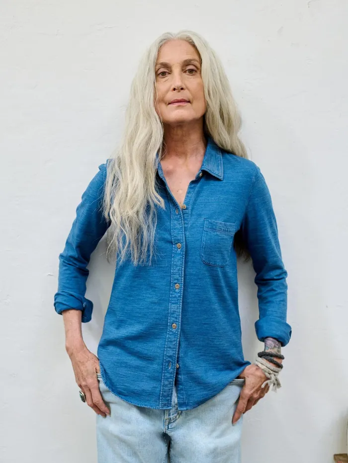 Women Shirts and Tops Faherty Sunwashed Knit Shirt Medium Indigo Wash