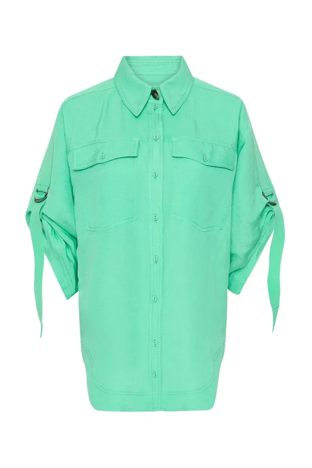 Women Signal Ruched Sleeve Shirt Marine Green Aje Tops