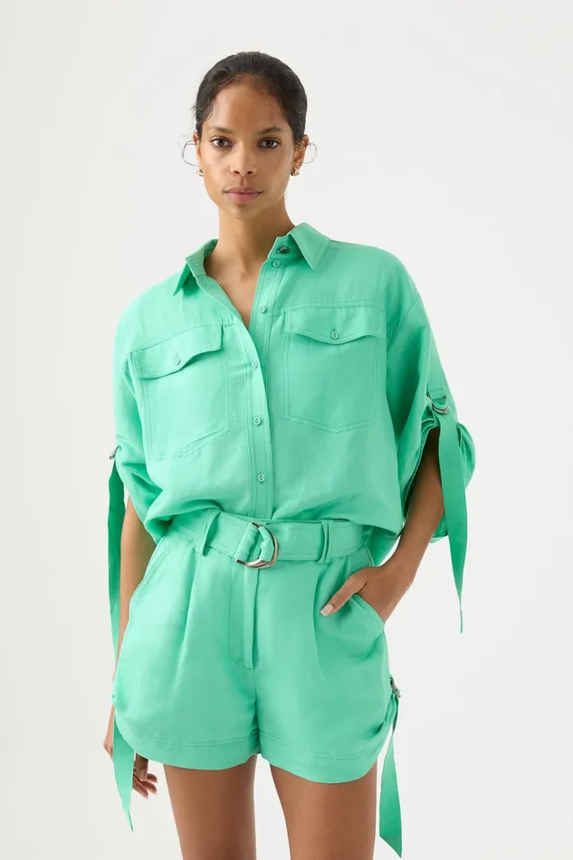 Women Signal Ruched Sleeve Shirt Marine Green Aje Tops