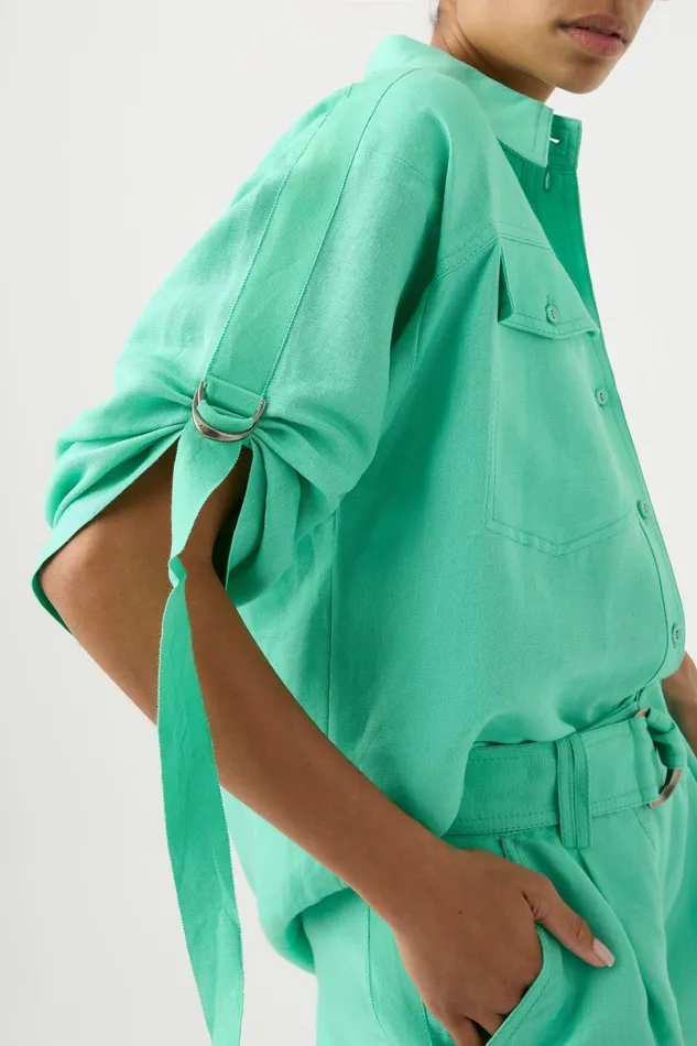 Women Signal Ruched Sleeve Shirt Marine Green Aje Tops
