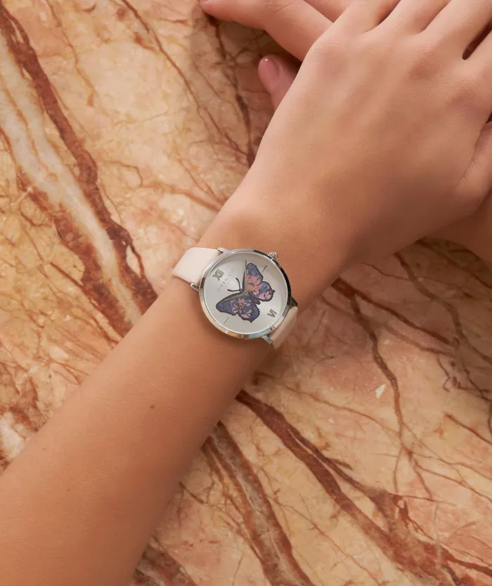 Women Signature Watches Olivia Burton 35mm Butterfly Ultra Slim Silver and Nude Leather Strap Watch Women Signature Watches Olivia Burton 35mm Butterfly Ultra Slim Silver and Nude Leather Strap Watch