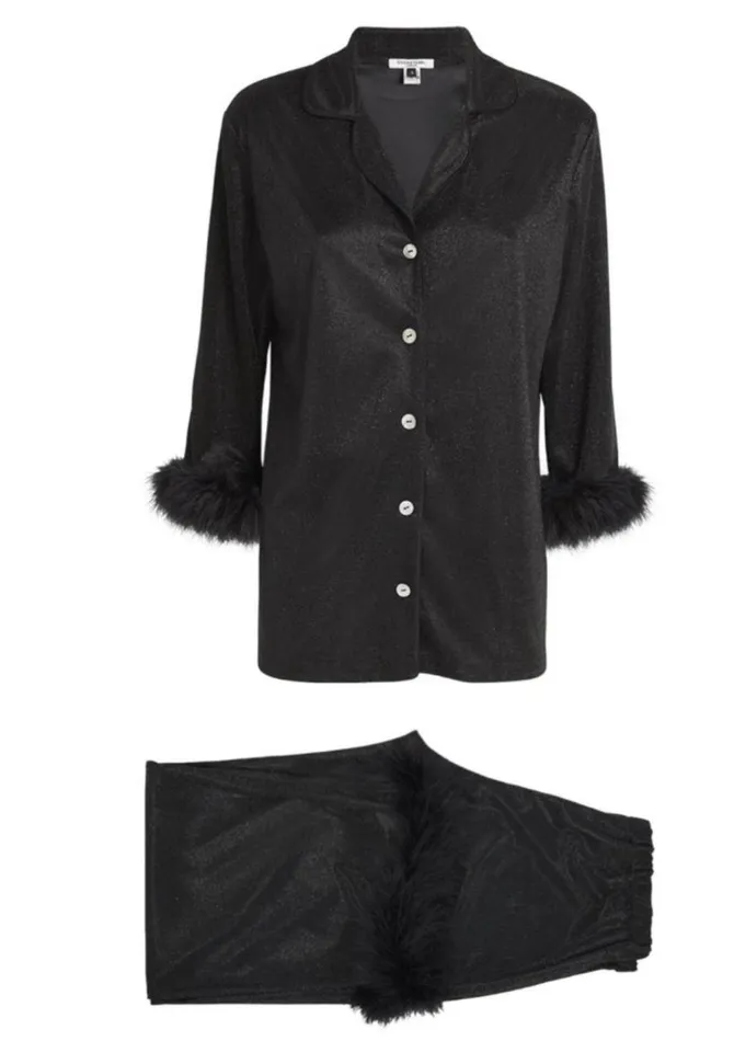 Women Silk Pyjamas Gilda and Pearl Black Starlet Sparkle Pyjama Set With Feathers Black Women Silk Pyjamas Gilda and Pearl Black Starlet Sparkle Pyjama Set With Feathers Black