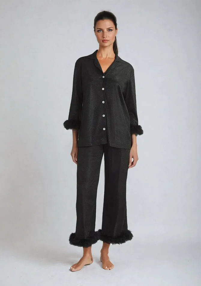 Women Silk Pyjamas Gilda and Pearl Black Starlet Sparkle Pyjama Set With Feathers Black Women Silk Pyjamas Gilda and Pearl Black Starlet Sparkle Pyjama Set With Feathers Black