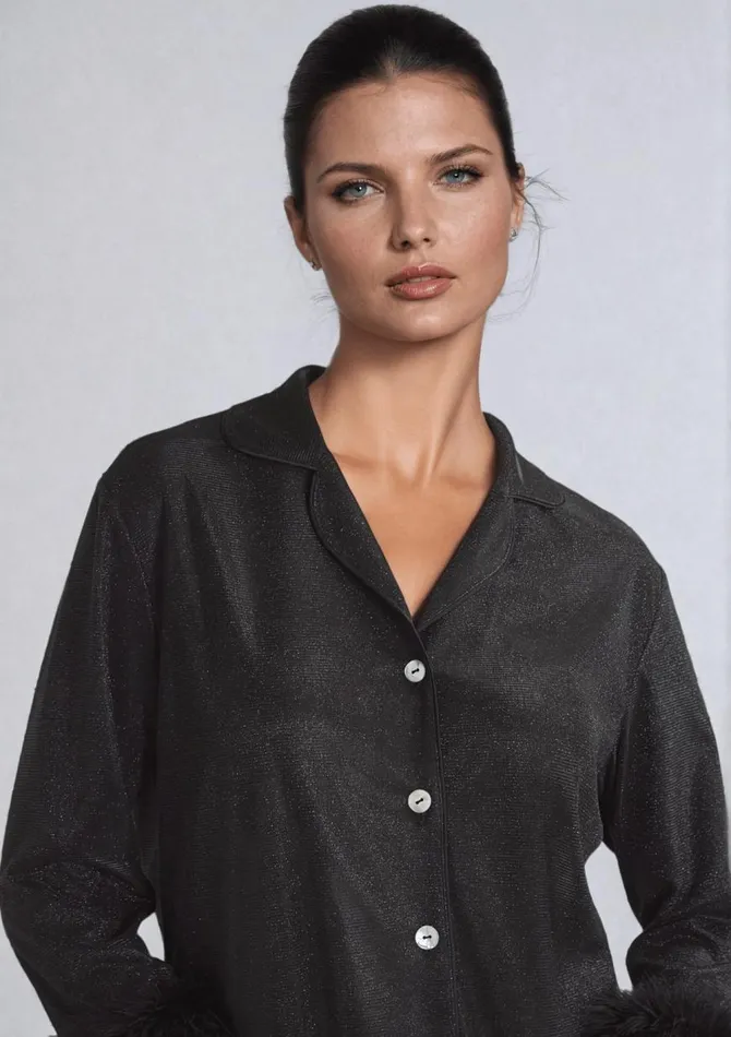 Women Silk Pyjamas Gilda and Pearl Black Starlet Sparkle Pyjama Set With Feathers Black Women Silk Pyjamas Gilda and Pearl Black Starlet Sparkle Pyjama Set With Feathers Black