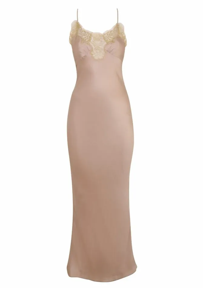 Women Slips Gilda and Pearl Gina Long Silk And Lace Slip Almondgold