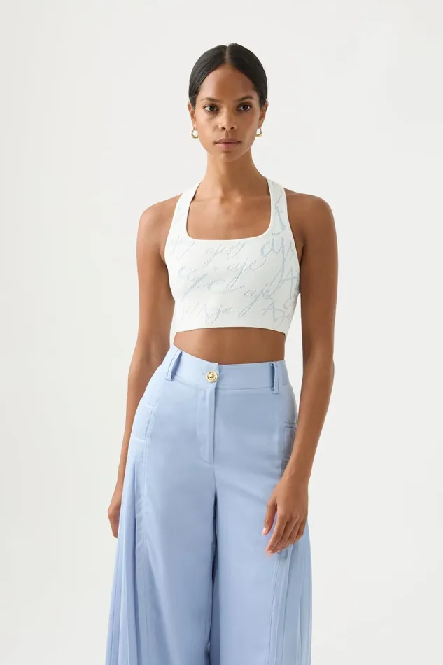 Women Soleil Knit Cropped Bodice Ivory Steel Blue Aje Body and Crepe Knit