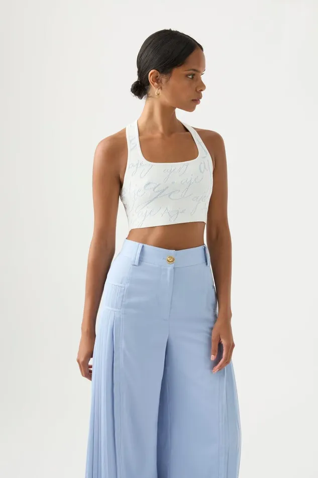 Women Soleil Knit Cropped Bodice Ivory Steel Blue Aje Body and Crepe Knit