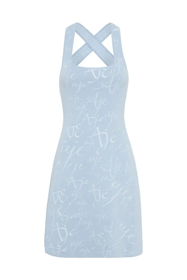 Women Soleil Knit Mini Dress Steel Blue Ivory Aje Dresses