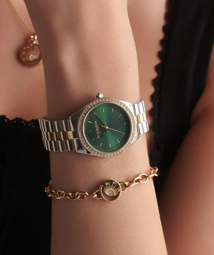 Women Sports Luxe Watches Olivia Burton 34mm Bejewelled Forest Green and Two Tone Bracelet Watch Women Sports Luxe Watches Olivia Burton 34mm Bejewelled Forest Green and Two Tone Bracelet Watch