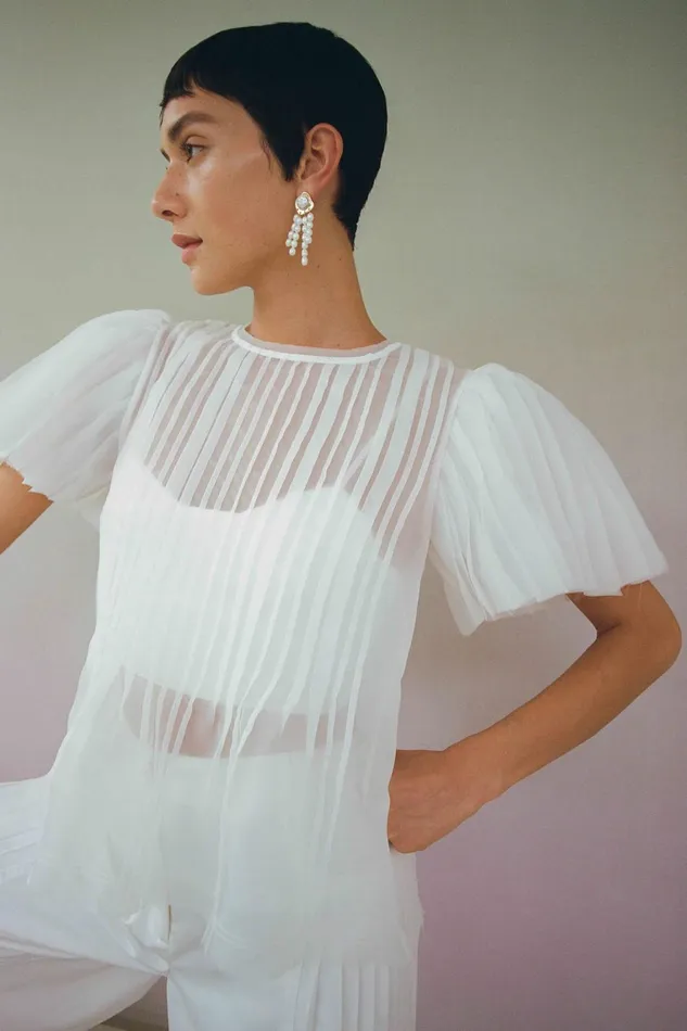 Women Stella Linear Ruffle Top Ivory Aje Tops