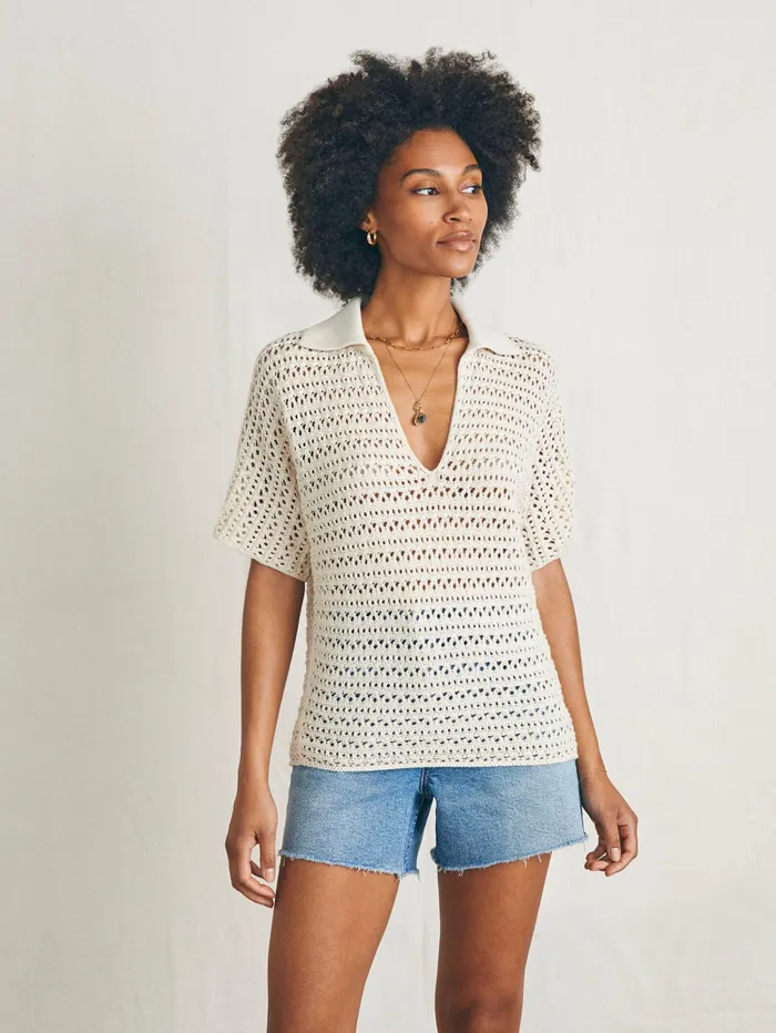 Women Sweaters Faherty Nusa Crochet Polo Sweater Birch